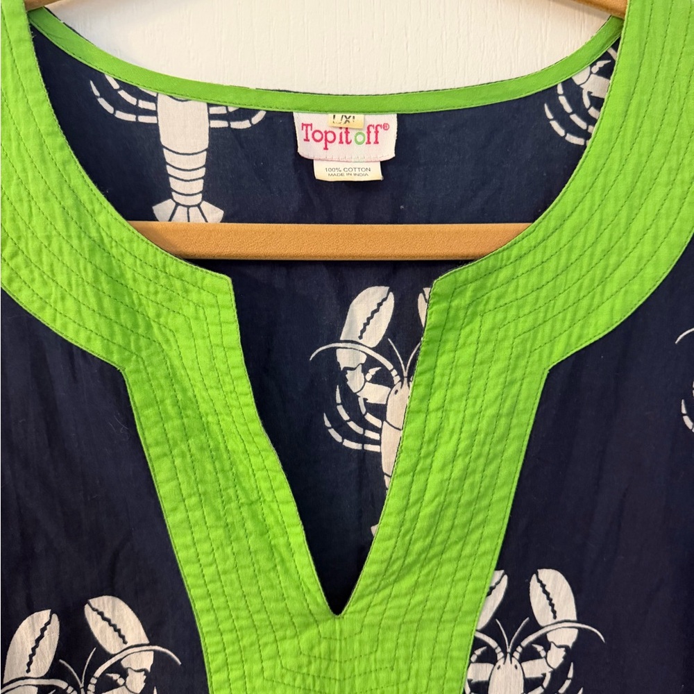 Navy Lobster Print Tunic/Swim Cover Up with Bright Green Trim Great Condition! - Picture 2 of 4